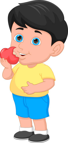 мультяшный мальчик ест яблоко на белом фоне - adult hungry apple backgrounds stock illustrations