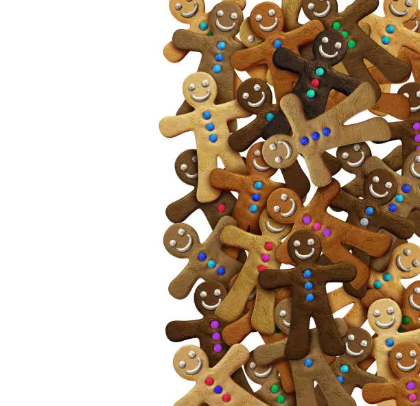 Gingerbread man cookie group during the holiday season as sweet baking treats as funny character holiday cookies as a 3D render in a vertical design as homemade baked goods.