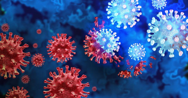 Mutating Virus Variant Mutating virus variant and cell mutation variants as a health risk concept and new coronavirus outbreak or covid-19 viral cells mutations and influenza background as a 3D render. genetic mutation stock pictures, royalty-free photos & images