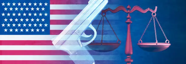 United States Gun laws and US weapon legislation concept as a handgun with a justice scale as an American legal rights idea as a 3D illustration.