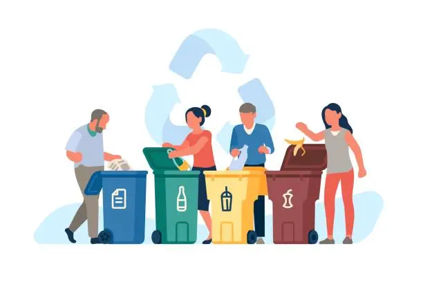 Vector illustration of People sorting garbage. Men and women throw out trash in plastic color dumpsters, eco containers, separate waste collection, taking care of environment, vector isolated concept