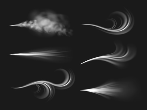 Wind flows. Realistic 3d air flows effect, different shapes isolated on black background, mist visible streams with curls, spread gas, winter freezing cold breathing, pressurized blowing, vector set