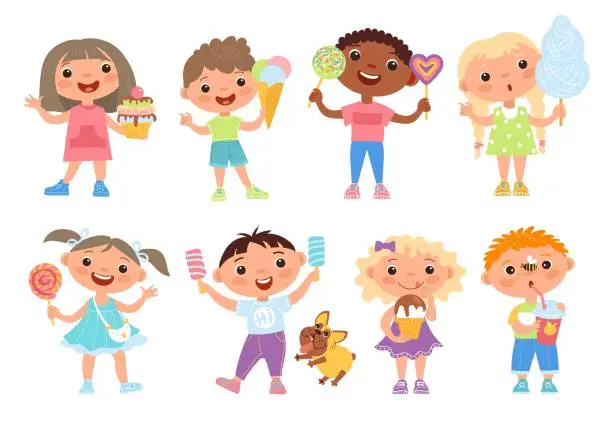 Vector illustration of Children eat sweets. Cute funny kids hold different sugar foods, candies, ice cream and cotton candy, happy girls and boys with lollipops and cakes standing, vector cartoon isolated set