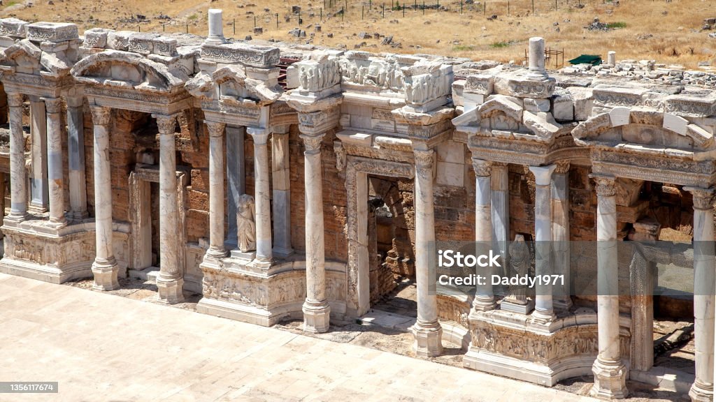 Ancient Amphitheater of Hierapolis - Pamukkale Natural Park, Turkey Ancient Amphitheater of Hierapolis - Pamukkale Natural Park, Turkey - Remains of Ancient Structures Hierapolis Stock Photo