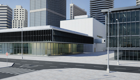 Urban street with office buildings and modern corporate architecture. 3d rendering