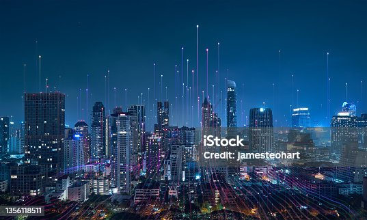 istock Smart city and abstract dot point connect with gradient line 1356118511