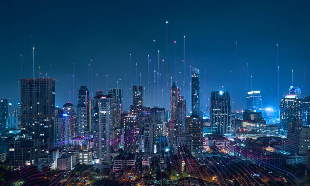 smart city and abstract dot point connect with gradient line - cidade imagens e fotografias de stock
