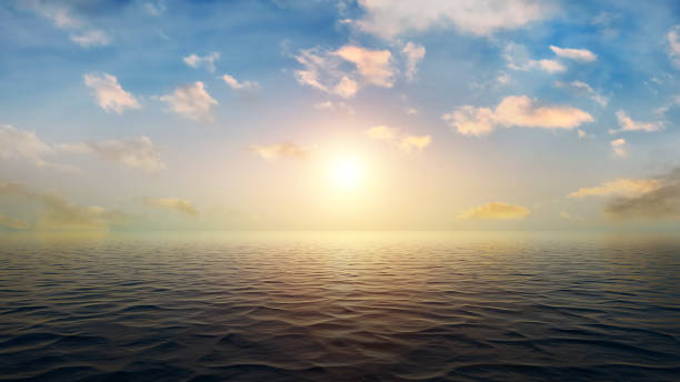istock Fantasy sunset sunrise on sea panorama, bright beautiful sunset colored clouds. Reflection sky and sun at dawn in water. Sun set over horizon at sunset 1356120235