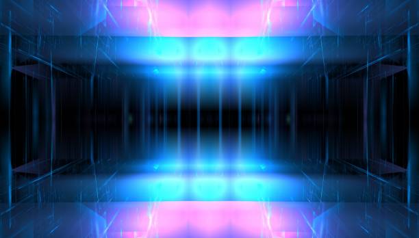 istock Futuristic showcase neon color light podium stage. Abstract blurred glass transparent background showcase scene shop. Futuristic modern fantasy black  showcase corridor. 3d render 1356120268