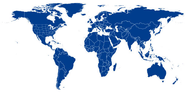 вектор карты мира. синий похожий на карту мира пустой вектор на белом фоне.  синяя похожая карта мира с границами всех стран и государств сша - globe politics topography world map stock illustrations