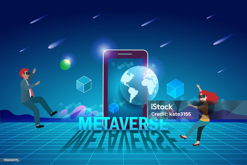 Metaverse, tecnología de realidad virtual, experiencia 3D de interfaz de usuario con smartphone y dispositivos digitales. Hombre y mujer con cristal de auriculares VR en línea que se conectan al espacio y universo virtual. - arte vectorial de Metaverso libre de derechos