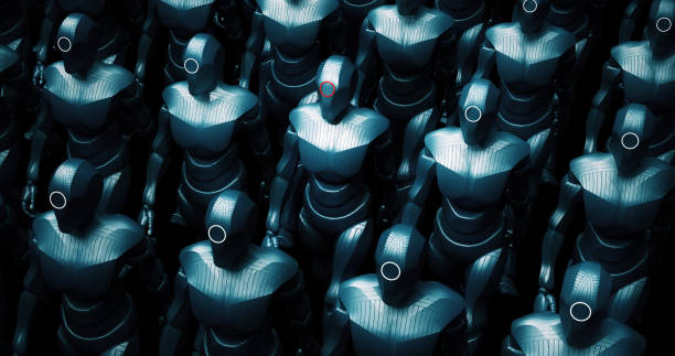 istock Bionic AI Robot Army Getting Ready To War. Leader Is In The Center. 1356126222