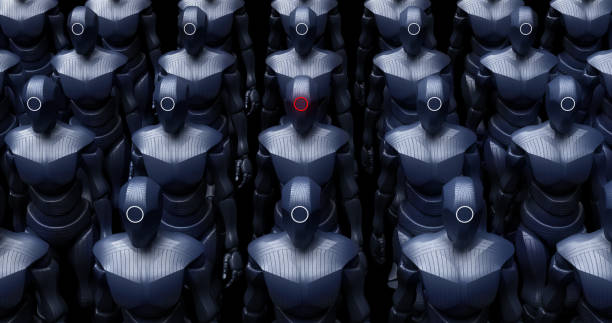 istock Group Of Metal High Tech Warrior Robots Walking Slowly. 1356126224