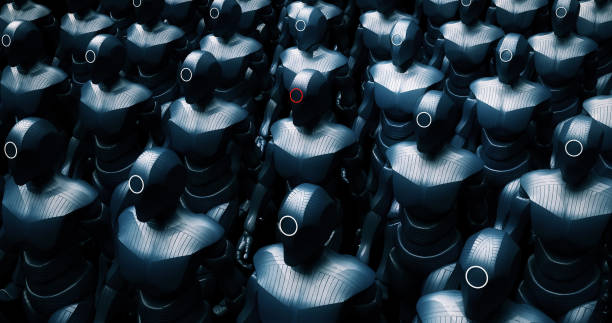 istock Robots Marching Slowly. Their Leader Is In The Center. Tech War Scene. 1356126270
