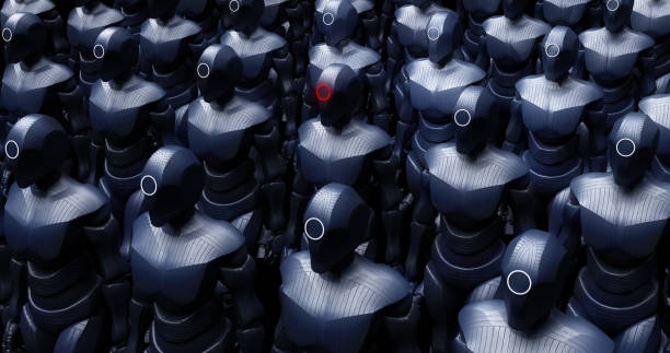 istock High Tech Advanced AI Robot Army Marching Slowly.High Tech Advanced AI Robot Army Marching Slowly. 1356126391