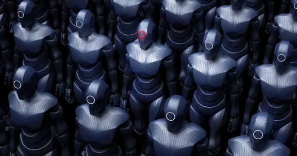 istock Group Of Metal High Tech Warrior Robots Walking Slowly. 1356126399