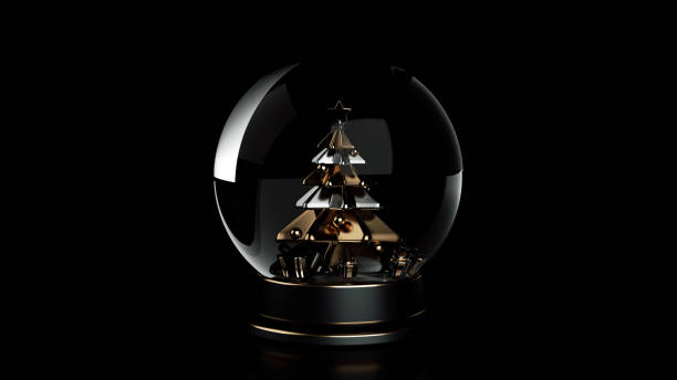 istock Modern Black And Golden Pedestal Snow Globe With Christmas Tree And Gift Boxes Inside On Black - 3D Illustration 1356126486