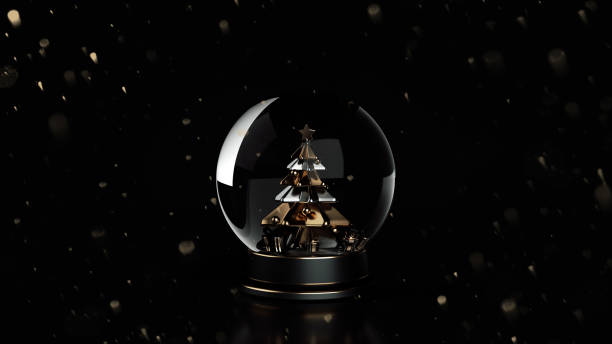 moderno globo di neve con piedistallo nero e dorato con albero di natale e scatole regalo all'interno su nero - illustrazione 3d - backdrop design decoration winter foto e immagini stock