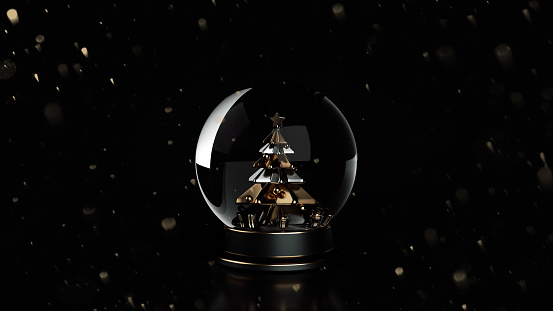Modern Black And Golden Pedestal Snow Globe With Christmas Tree And Gift Boxes Inside On Black Background. New Year Concept.