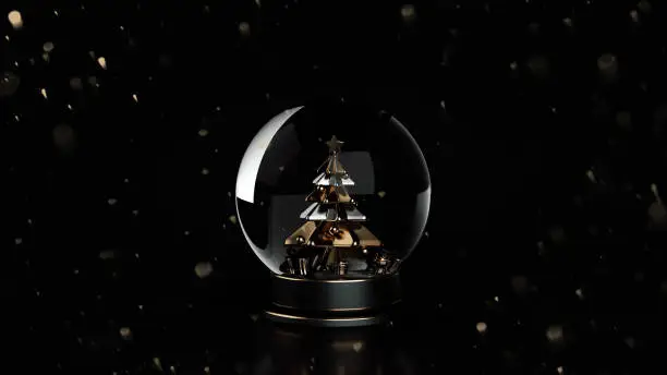 Photo of Modern Black And Golden Pedestal Snow Globe With Christmas Tree And Gift Boxes Inside On Black - 3D Illustration