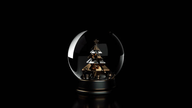 istock Modern Black And Golden Pedestal Snow Globe With Christmas Tree And Gift Boxes Inside On Black - 3D Illustration 1356126489