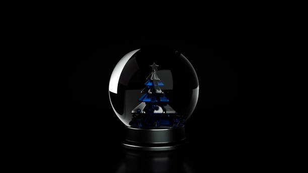 istock Modern Black, Silver And Blue Pedestal Snow Globe With Christmas Tree And Gift Boxes Inside On Black - 3D Illustration 1356126495