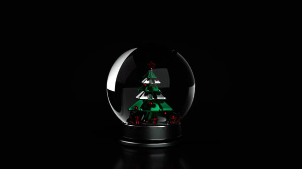 istock Modern Black, Silver, Green And Red Pedestal Snow Globe With Christmas Tree And Gift Boxes Inside On Black - 3D Illustration 1356126499