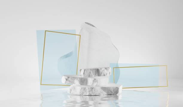 istock Stone step podium with golden rectangle frames and blue abstract geometric figures, floating pedestal on water. Natural rough white rock for beauty cosmetic product display, 3d render illustration 1356127289