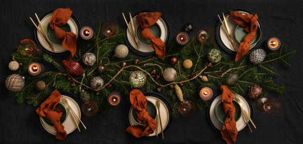 Christmas or New Year holiday dinner festive table setting