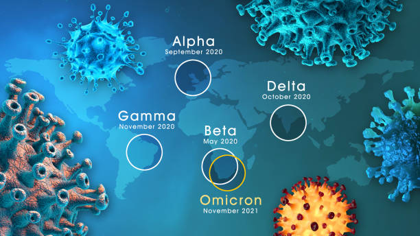 Coronavirus Variant Omicron B.1.1.529 COVID-19 mutation variants with word map. Microscopic view of infectious SARS-CoV-2 virus cells. 3D rendering genetic mutation stock pictures, royalty-free photos & images