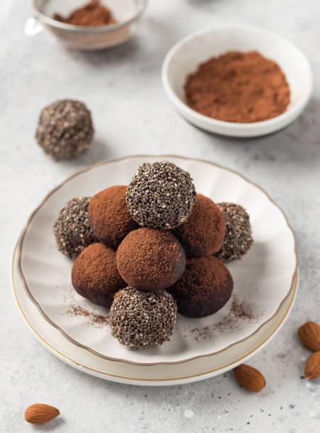 istock Chia seeds cacao bliss balls served on white plate 1356132988
