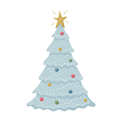 A decorated Christmas tree with a garland, a star and toys. Pastel blue color. Hand-drawn flat Christmas attribute, design element isolated on a white background. Color vector illustration