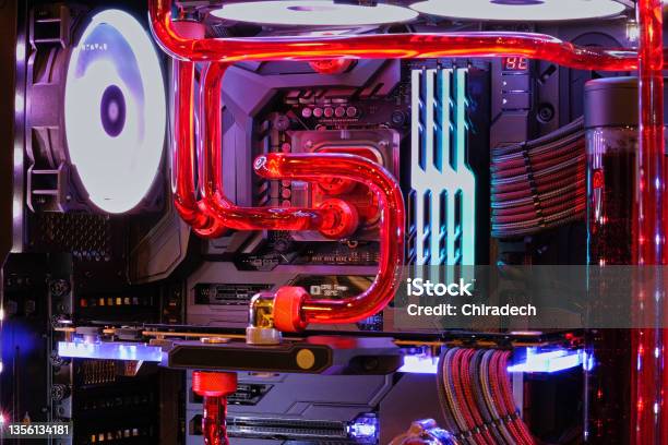 Closeup And Inside High Performance Desktop Pc And Water Cooling System On  Cpu Socket With Multicolored Led Rgb Neon Light Show Status On Working  Stock Photo - Download Image Now - iStock