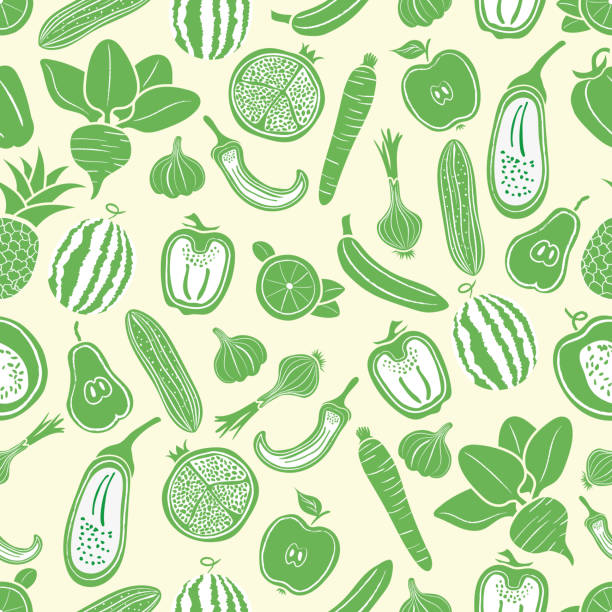 illustrations, cliparts, dessins animés et icônes de motif homogène avec des légumes et des fruits verts abstraits, - fruits et légumes
