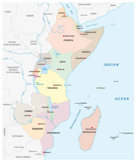 illustrazioni stock, clip art, cartoni animati e icone di tendenza di mappa politica vettoriale della regione dell'africa orientale - africa orientale