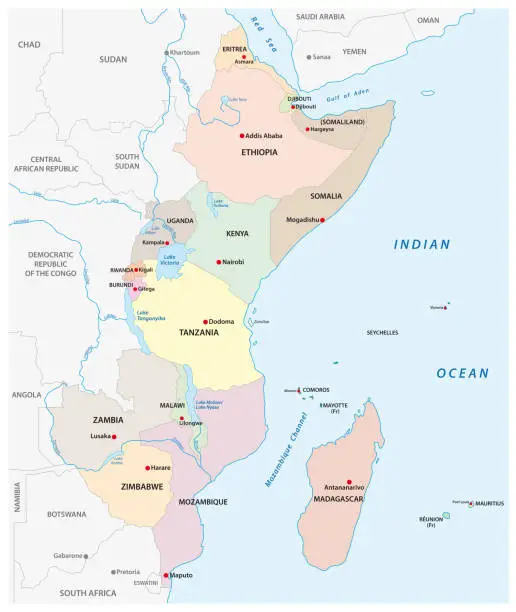 Vector illustration of political vector map of east africa region