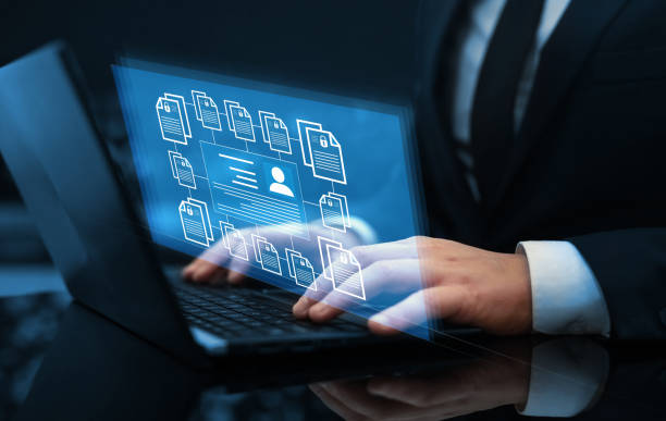 istock Employee confidentiality. Software for security, searching and managing corporate files and employee information.Corporate data management system and document management system with employee privacy. 1356135875