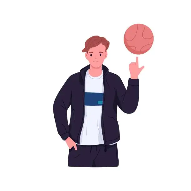 Vector illustration of Teenager spinning, rotating ball with finger. Boy athlete demonstrate skill. Young teen basketball player portrait, standing in sportswear. Flat vector illustration isolated on white background