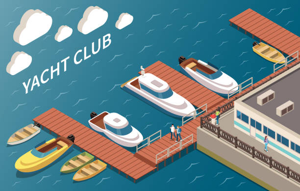yacht club isometrische zusammensetzung - moored boats stock-grafiken, -clipart, -cartoons und -symbole