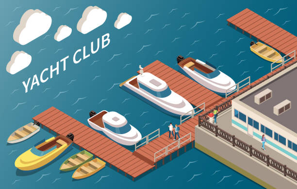 illustrazioni stock, clip art, cartoni animati e icone di tendenza di composizione isometrica dello yacht club - nautical vessel moored yacht harbor