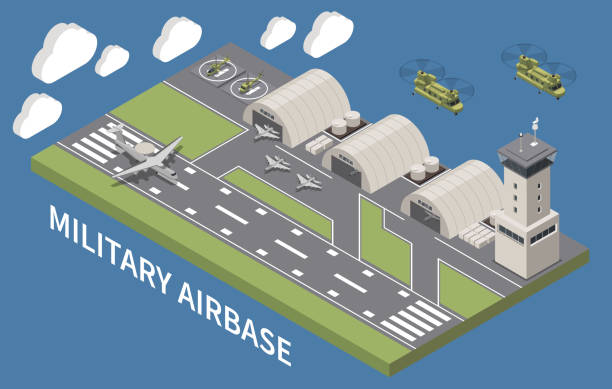 Military Air Force Base Isometric Military airbase airfield aerodrome facility with hangars traffic control tower landing aircraft flying helicopters isometric vector illustration airfield stock illustrations