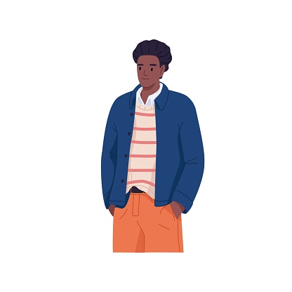 Young black man portrait. African-American guy standing with hands in pockets. Male student smiling. Person in casual clothes. Flat vector illustration isolated on white background.