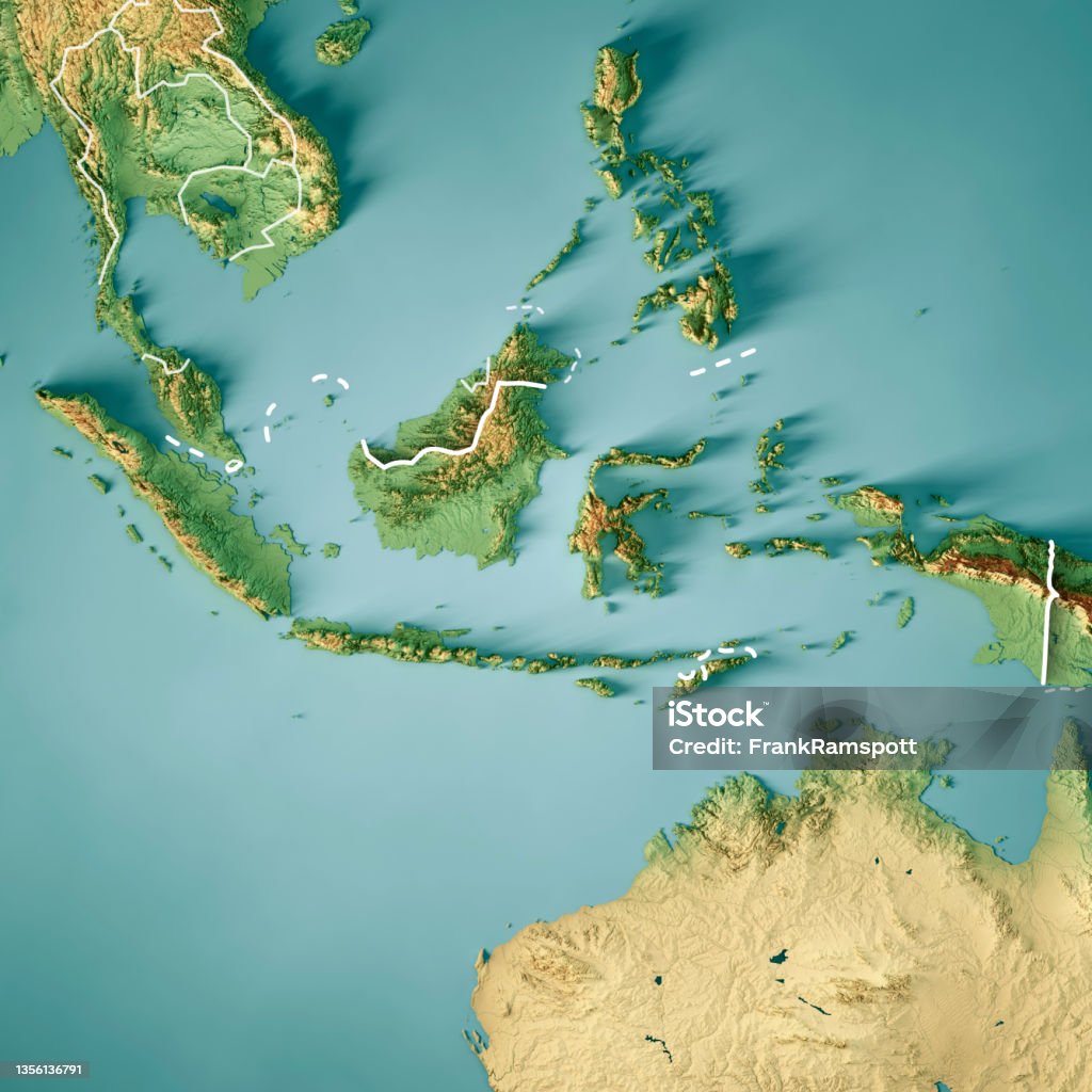 Indonesia 3D Render Topographic Map Color Border 3D Render of a Topographic Map of Indonesia. Version with Country Boundaries.
All source data is in the public domain.
Color texture: Made with Natural Earth. 
http://www.naturalearthdata.com/downloads/10m-raster-data/10m-cross-blend-hypso/
Relief texture: GMTED2010 data courtesy of USGS. URL of source image: https://topotools.cr.usgs.gov/gmted_viewer/viewer.htm 
Water texture: HIU World Water Body Limits: http://geonode.state.gov/layers/?limit=100&offset=0&title__icontains=World%20Water%20Body%20Limits%20Detailed%202017Mar30 Indonesia Stock Photo