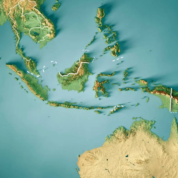 Indonesia 3D Render Topographic Map Color Border 3D Render of a Topographic Map of Indonesia. Version with Country Boundaries.
All source data is in the public domain.
Color texture: Made with Natural Earth. 
http://www.naturalearthdata.com/downloads/10m-raster-data/10m-cross-blend-hypso/
Relief texture: GMTED2010 data courtesy of USGS. URL of source image: https://topotools.cr.usgs.gov/gmted_viewer/viewer.htm 
Water texture: HIU World Water Body Limits: http://geonode.state.gov/layers/?limit=100&offset=0&title__icontains=World%20Water%20Body%20Limits%20Detailed%202017Mar30 indonesia stock pictures, royalty-free photos & images