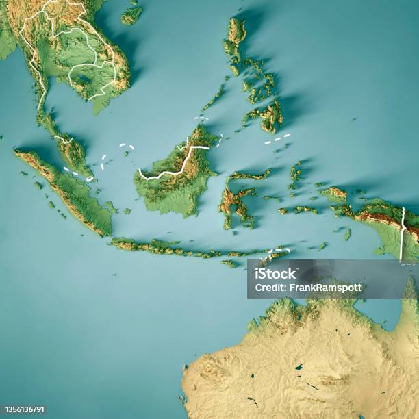 Indonesia 3d Render Topographic Map Color Border Stock Photo - Download Image Now - Indonesia, Map, Southeast Asia