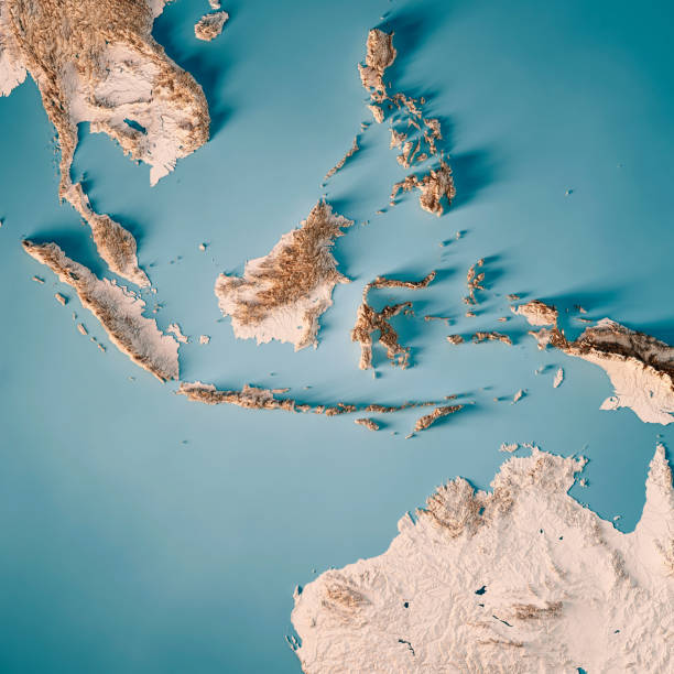 индонезия 3d рендеринг топографическая карта нейтральная - arafura sea стоковые фото и изображения