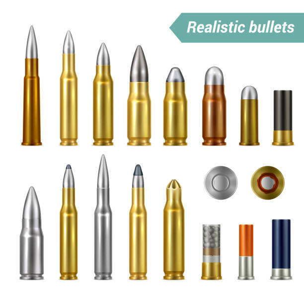 Bullets And Cartridges Realistic Set Different types and sizes of weapon ammo   including bullets and cartridges realistic set isolated vector illustration ammunition stock illustrations