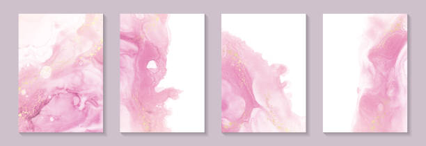 istock Watercolor background with abstract pink ink waves and golden splashes. 1356137785