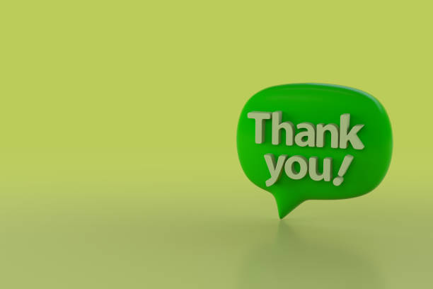 Thank you in a green speech bubble, on an yellow background. stock photo