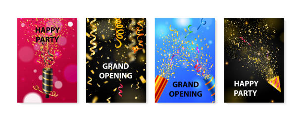ÐÑÐ½Ð¾Ð²Ð½ÑÐµ RGB Four colorful party posters realistic set with poppers and serpentine isolated vector illustration streamers and confetti stock illustrations